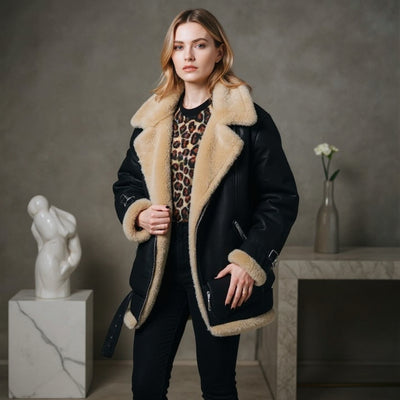 Camille | Veste biker en shearling – manteau femme en faux daim de luxe