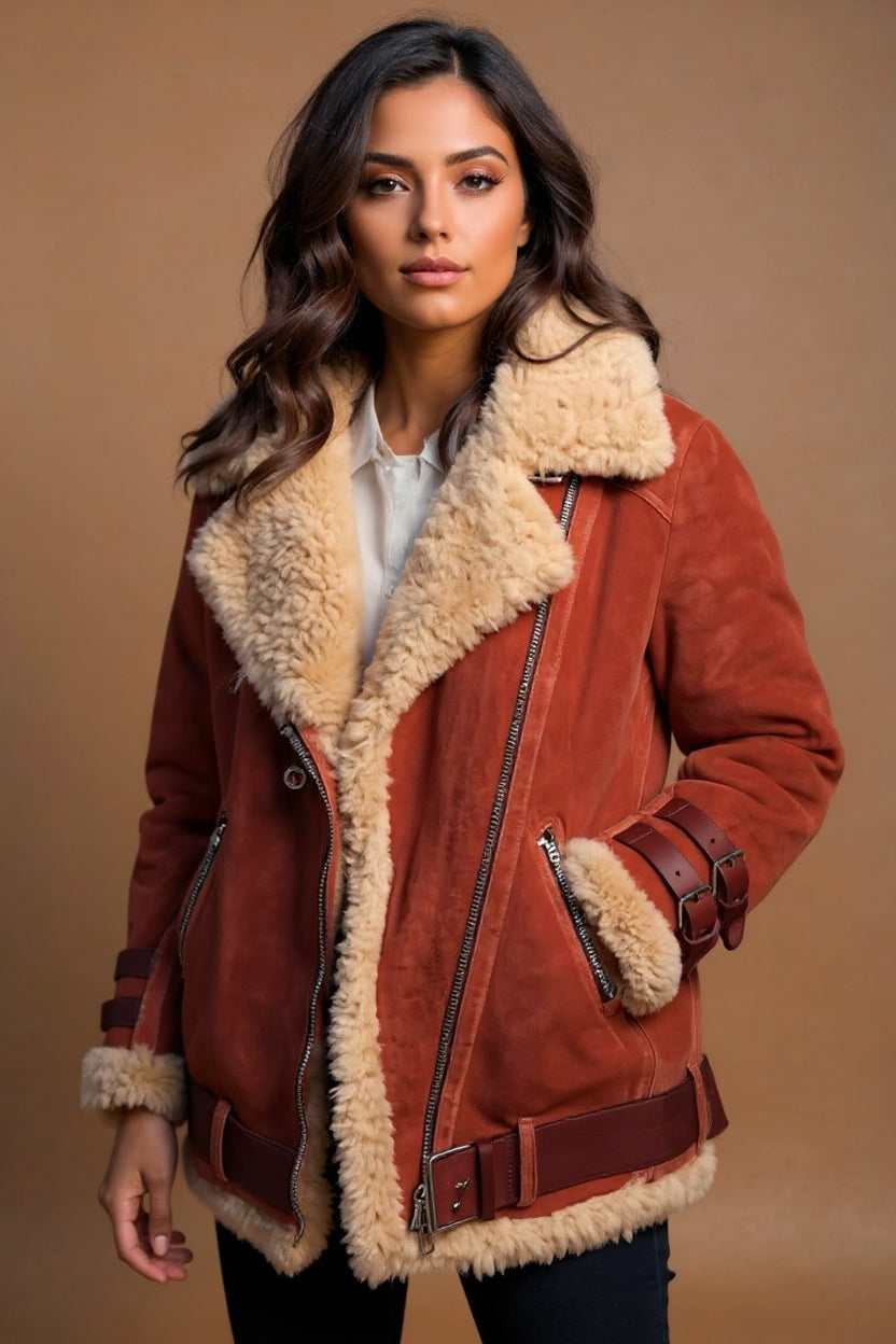 Camille | Veste biker en shearling – manteau femme en faux daim de luxe
