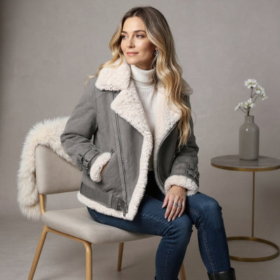 Camille | Veste biker en shearling – manteau femme en faux daim de luxe