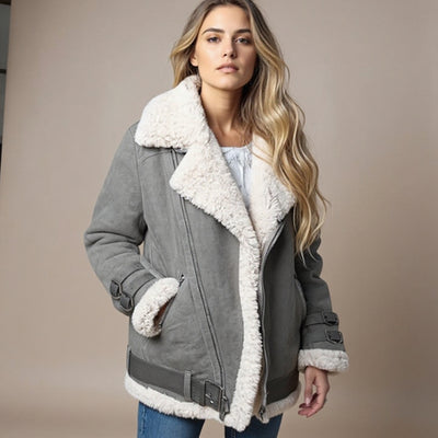 Camille | Veste biker en shearling – manteau femme en faux daim de luxe