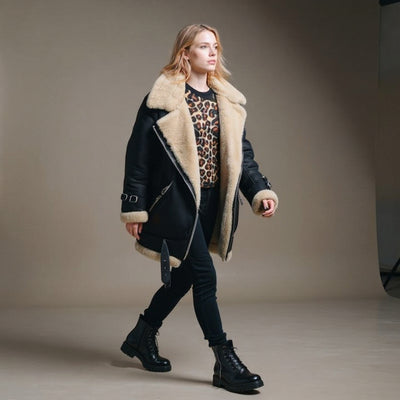 Camille | Veste biker en shearling – manteau femme en faux daim de luxe