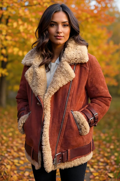 Camille | Veste biker en shearling – manteau femme en faux daim de luxe