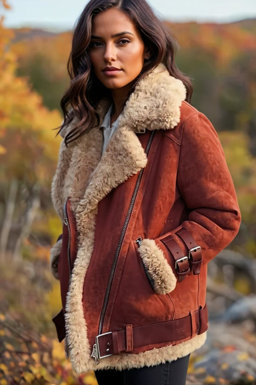 Camille | Veste biker en shearling – manteau femme en faux daim de luxe