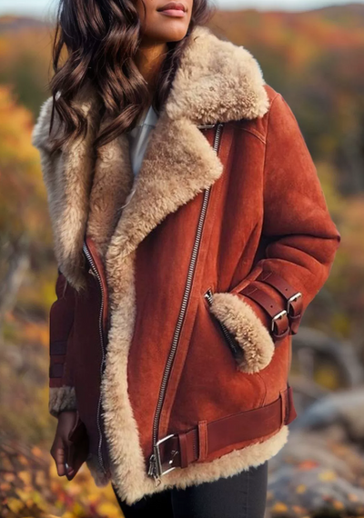 Camille | Veste biker en shearling – manteau femme en faux daim de luxe